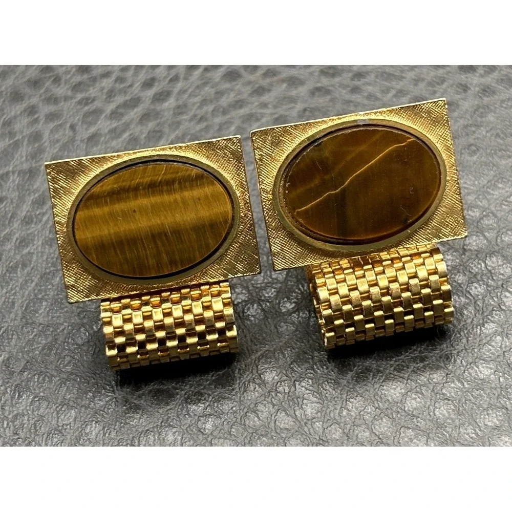 Vintage Tiger Eye Gold Tone Mesh Wrap Around Cufflinks